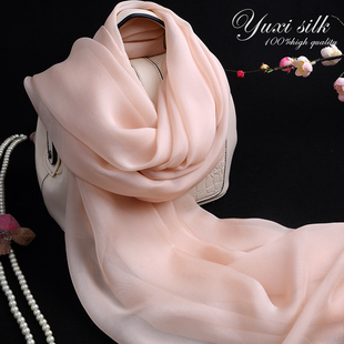 浅裸色纯色100%桑蚕丝长款真丝，丝巾披肩女纱巾，春秋冬夏季丝绸围巾