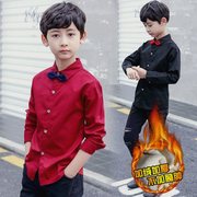 男童衬衫长袖薄款帅气红色礼服儿童衬衣，纯色全棉白色黑色男孩上衣