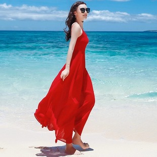 红色吊带长裙雪纺连衣裙2024女夏高级(夏高级)感露背裙海边度假沙滩裙