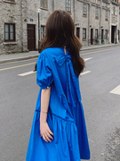 夏季小个子梨型身材微胖显瘦宝蓝色连衣裙网红炸街高级感a字裙女