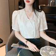 新中式短款雪纺上衣开衫女士夏季泡泡袖小衫国风盘扣刺绣短袖衬…
