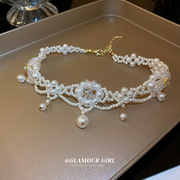镶钻水晶珍珠花朵项链法式洛可可风时尚颈链锁骨链高级感轻奢项饰