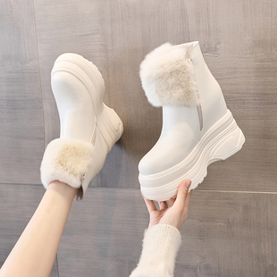 真皮12cm内雪地靴女马丁靴，2023冬加绒加厚底短靴保暖棉鞋