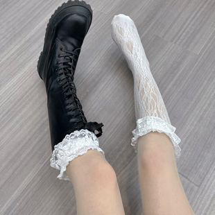 长筒配靴蕾丝花边袜女lolita白色可爱镂空百搭小腿，袜日系jk中筒袜