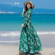 雪纺连衣裙女秋季2024长裙气质，绿色碎花大摆裙，海边度假沙滩裙