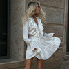 过渡性感欧美女装v领喇叭袖，荷叶边白色连衣裙设计感蓬蓬短裙