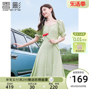 香影连衣裙女夏季2024夏装露背高腰泡泡袖法式绿色，小清新裙子