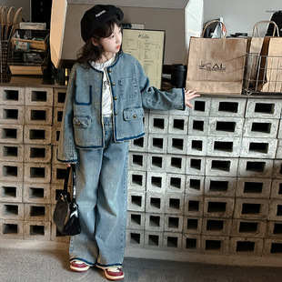 韩版儿童上衣24春女童洋气时髦撞色牛仔外套圆领长袖牛仔套装