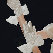 时尚韩式甜美新娘婚纱缎面礼服，手套蕾丝蝴蝶结，白色弹性全指手套