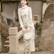 轻奢复古中国风改良旗袍日常修身山水画冬季加厚气质连衣裙女