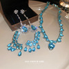 银针镶钻蓝色系锆石水滴花朵耳环项链套装法式复古轻奢设计感饰品