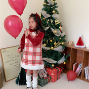totobaby圣诞新年裙冬季女童，羊羔毛拼接(毛，拼接)连衣裙格子毛呢背心裙