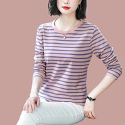 2025年新款纯棉条纹长袖t恤女打底衫秋装百搭外穿宽松大码妈妈装