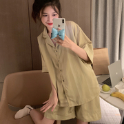 韩版条纹ins风冰丝，睡衣女夏季短袖，短裤薄款休闲仿真丝家居服