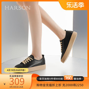 哈森真皮鞋子女，夏季黑色平底皮鞋，秋季法式单鞋hwc230210