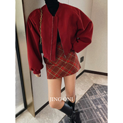 加棉红色棒球服外套夹克女秋冬季上衣宽松时尚短款小个子韩版