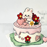可爱二次元手绘小花小狗蛋糕，装饰摆件爱心，小仙女甜品烘焙插件插牌