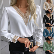 ebay 速卖通 2023秋装蕾丝花边长袖衬衣V领 衬衫