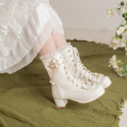 白色中筒靴女高跟，原创lolita洛丽塔鞋lo短靴，女小码学生大码女靴子