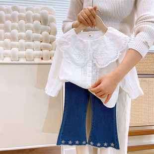 女童蕾丝娃娃领纯棉，衬衫2024春秋季韩版洋气儿童百搭长袖衬衣