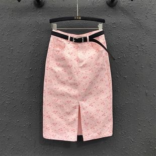 韩版粉色印花牛仔半身裙女2024夏季时尚减龄高腰中长款包臀裙