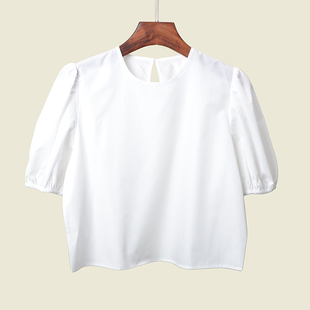 法式学院风白色衬衫泡泡袖小宽松圆领T恤衫夏季薄款套头女上衣