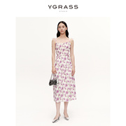 vgrass时髦紫色印花收腰吊带，连衣裙24年春季几何花卉设计感