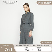 maseley玛塞莉衬衫，式连衣裙冬季简约时髦格子收腰长袖裙子