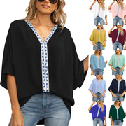 3欧美夏季女装蝙蝠袖，雪纺v领短袖，衬衣衬衫跨境2349