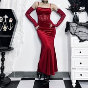 新年穿搭哥特蕾丝红色鱼尾裙，法式宫廷风吊带裙，辣妹裙子战袍礼服裙