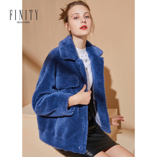 finity2020年秋冬装深蓝色，加厚羊剪毛大衣短款女装，上衣外套潮