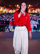 唐艺同款红色长袖衬衫女2023年新款宽松纯色衬衣上衣百搭气质套装