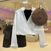 韩版时尚翻领长袖黑白撞色拼接假两件设计感衬衫短款上衣早秋