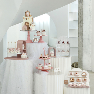 粉色甜品台摆件 蛋糕展示托盘 可爱风铁艺蛋糕架 主题婚礼点心架