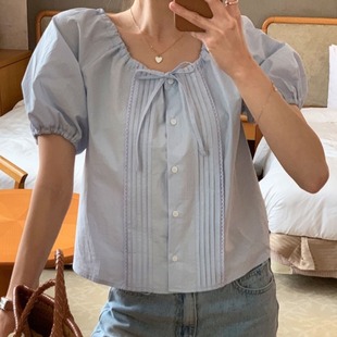 韩国chic夏季减龄复古小众，设计感法式俏皮甜美清新少女纯色衬衫