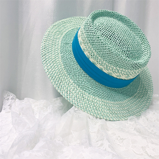 帽子女夏季薄荷绿色平顶草帽遮阳太阳帽巴拿马帽宽檐海边沙滩帽男