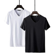 2件纯色v领短袖t恤男士，黑色低领打底衫，潮流半袖v字领体恤衫夏季