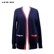 j&nina捷恩尼纳时尚，撞色刺绣针织开衫，女秋冬季宽松外搭毛衣外套