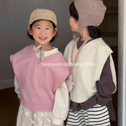 韩系童装儿童无袖套头，毛线马甲春季男女童针织，v领背心洋气