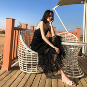 露背连衣裙女夏2020性感修身黑色吊带海边度假蕾丝蛋糕裙f598