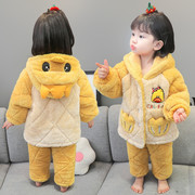 女童法兰绒儿童睡衣套装三层夹棉加绒加厚3宝宝1-5岁小黄鸭冬外穿