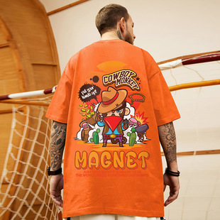 摩严美式橙色嘻哈加肥加大码半袖街头潮牌220g重磅纯棉短袖t恤男