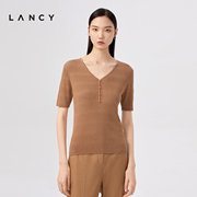 lancy朗姿女装2023夏季v领套头衫，收腰短袖通勤针织衫女