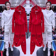 红色休闲运动套装女冬季2024年纯棉卫衣工装裤加绒加厚俩件套
