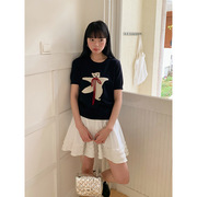 小熊马戏团韩版圆领系带甜美针织衫女2024夏季短袖上衣