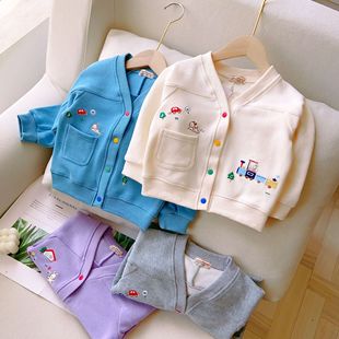 男童女童卫衣开衫针织卡通刺绣，口袋外套紫色蓝色，灰色米色1岁2岁3
