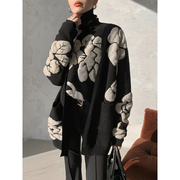 WANGXO黑色设计感两件套装女2023年冬季针织开衫外套高领羊毛毛衣