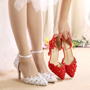 新娘伴娘结婚鞋白色尖头细跟高跟鞋蕾丝红色水钻婚鞋新韩版女