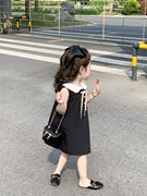 2023夏款女童复古赫本风，气质小黑裙娃娃，领无袖公主连衣裙背心裙