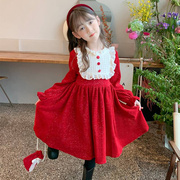 女童冬装公主裙2023洋气秋冬裙子儿童女孩红色连衣裙加绒冬季